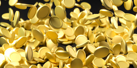 Golden coins falling down on black background. 3D render