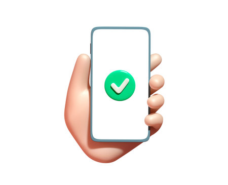 3d cartoon hand holding smartphone with green check mark icon on the screen. Success concept.の写真素材
