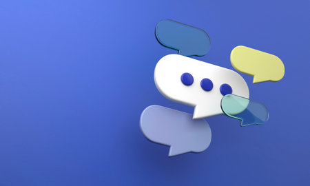Flying 3D speech bubbles icons on blue background. Social media communication concept. Chat page. 3d render illustrationの写真素材