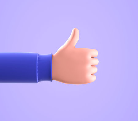 3d render, cartoon character customer hand thumb up, like gesture isolated on blue background. Positive feedbackの写真素材