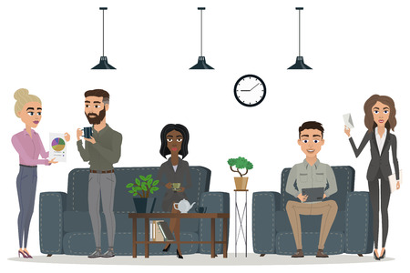 office people set. scenes of people working in the office. white background. Different nationalities. Interior office. vector illustration 3のイラスト素材
