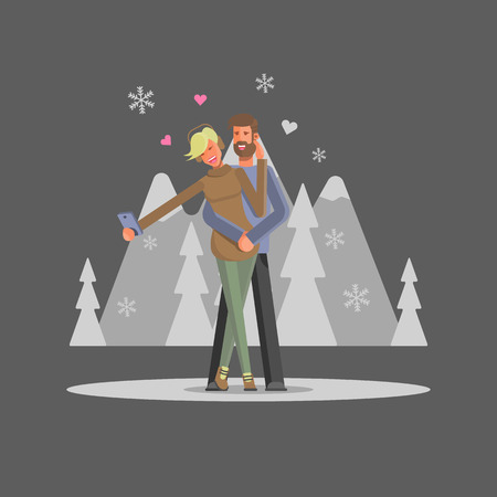 boy with girl making winter self photo. Vector illustrationのイラスト素材