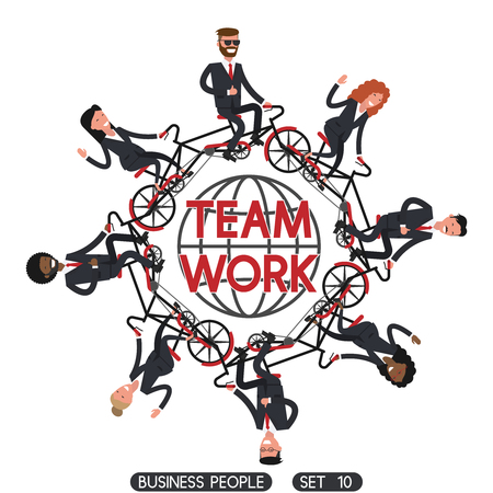 Team work. Business people set 10. Bicycle tandem riding. Office people.Different nationalities and dress styles.  Vector illustrationのイラスト素材