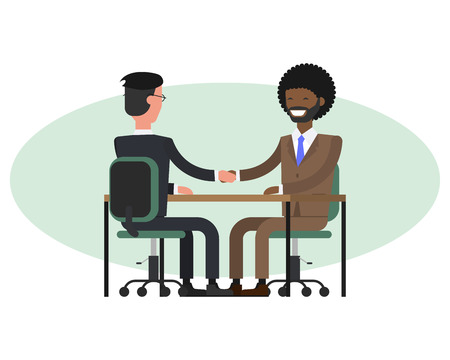 People at work with handshaking on white background. Handshake of two african businessmen behind a deskのイラスト素材