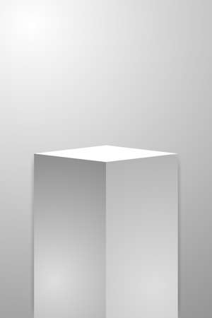 Museum stage. Realistic cube podium, 3d exhibit display. Gallery geometric blank product stand. Spotlight illuminates pedestalのイラスト素材