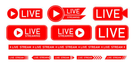 Set of live streaming icons. Red symbols and buttons of live streaming, broadcasting, online stream....