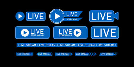 Set of live streaming icons. Blue symbols and buttons of live streaming, broadcasting, online stream. template for tv, shows, movies and live performances. Vectorのイラスト素材