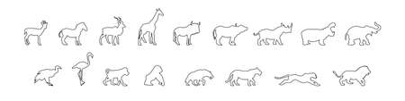 Set of line art silhouette standing african animals. Side view. A collection of various animals of Africa. Vector illustration isolated on white background.のイラスト素材