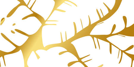 Abstract tropical gold cover design. Floral background with golden illustration of exotic leaves, palm, banana tree. Elegant vector brochure template. EPS10のイラスト素材