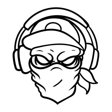 A skull in a cap and a bandana is listening to music. Music in headphones. Sticker or sign. Vector illustration isolated on white background.のイラスト素材