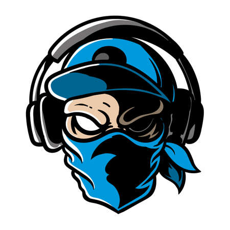 A skull in a cap and a bandana is listening to music. Music in headphones. Sticker or sign. Vector illustration isolated on white background.のイラスト素材