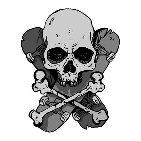 Skull with crossbones. Crossed skateboards. Hand drawing illustration isolated on white background.のイラスト素材