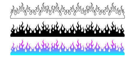 Set of Fire icons. Black, line and gradient silhouette icons, stickers. Hand drawing illustration isolated on white background. Vector EPS 10のイラスト素材