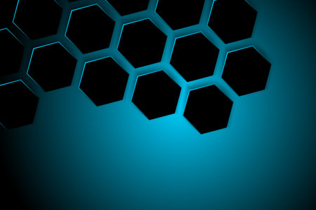 Dark blue horizontal background with honeycombs with blue glow. Modern abstract technology pattern, blue backdrop.のイラスト素材