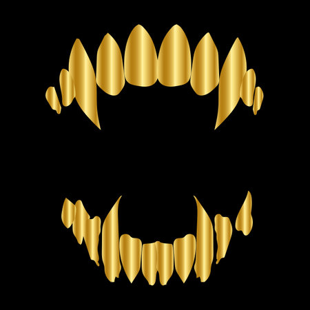 Golden vampire teeth vector isolated on black backgroundのイラスト素材