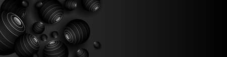 Modern abstract black horizontal background with 3D stripes spheres. Dark futuristic backdrop,...