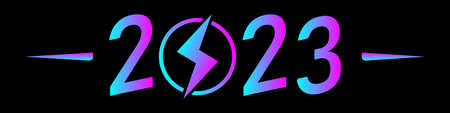 Concept of Happy New Year 2023 in modern neon gradient style. 2023 logo and icon with lightning or...