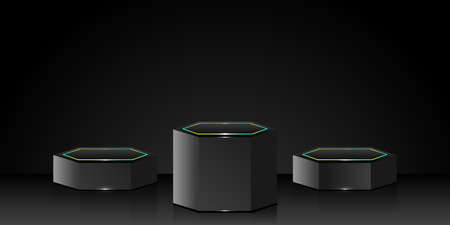 Podium with neon light in dark black room. Three hexagonal pedestals for product presentation. Modern abstract technology background. Vector illustration EPS 10のイラスト素材