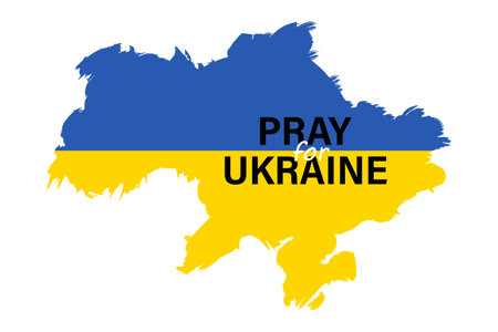 Brush stroke of Ukraine map with text Pray for Ukraine. Vector isolated on white background.のイラスト素材