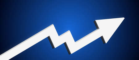 White arrow rating growth on dark blue gradient background. Financial success and growth concept.