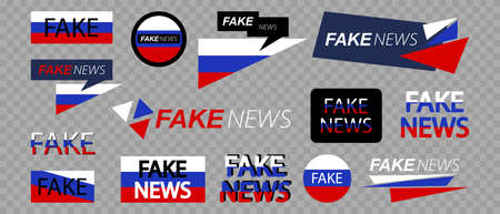 Fake news from Russia icons set. Russia flag with text "fake news" banner for tv, website or social media. Vector illustrations isolated on transparent background.のイラスト素材