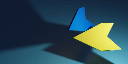 Abstract figure of the Ukrainian flag with a shadow on a blue background. Modern background rendering. Support for Ukraine.の写真素材