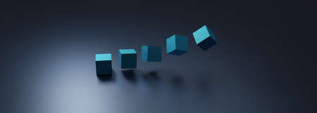 Abstract 3d cubes fly on dark background. Modern horizontal background or banner with empty space for text. 3d rendering.の写真素材