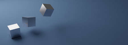 Abstract 3d cubes fly on dark background. Modern horizontal background or banner with empty space...