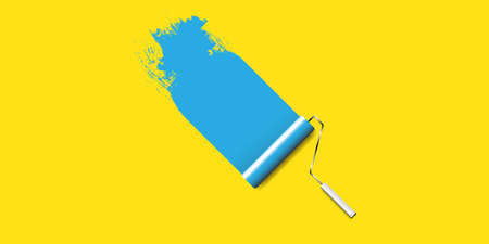 Paint roller with blue stroke on yellow background. Vector EPS 10