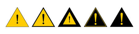 Yellow urgent warning symbol and safety alert. Caution or exclamation mark danger hazard. Vector icon illustration isolated on white background.のイラスト素材