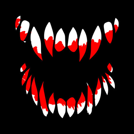 Vampire teeth in blood vector illustration isolated on black backgroundのイラスト素材