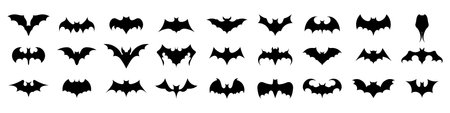 Bat icons set. Black flat silhouettes of bats. Vector illustration isolated on white background.のイラスト素材