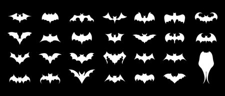 Bat icons set. White flat silhouettes of bats. Icons for Halloween design. Vector illustration isolated on black background.のイラスト素材
