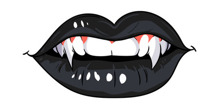 Sexy female lips with fangs. Girl vampire teeth. black lips. Hand drawing illustration isolated on white background. Vectorのイラスト素材