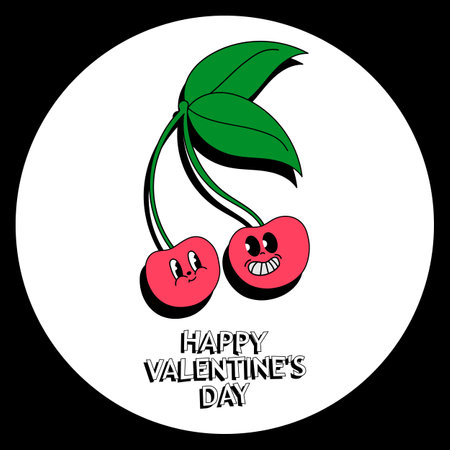 Cherries illustration in a trendy retro style, pop art. Postcard, background or brochure with happy valentine's day text. Vector EPS 10のイラスト素材