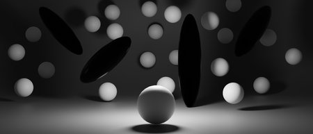 Abstract 3D render. Dark background with falling 3d balls. Dynamic flying bubbles. Modern trendy...