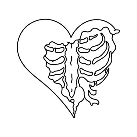 Heart with sternum. chest bone. Gothic design, heart for Valentine's Day or Halloween. Hand drawing illustration isolated on white background.のイラスト素材