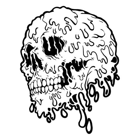 Creepy slim skull illustration. Dripping Skull in gothic design. T-shirt print for Horror or Halloween. Hand drawing illustration isolated on white background. Vector EPS 10のイラスト素材