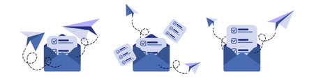 Envelope with flying paper planes. Email marketing and message concept. Sheet in an envelope with checkmarks. Modern vector illustration in light blue style.のイラスト素材