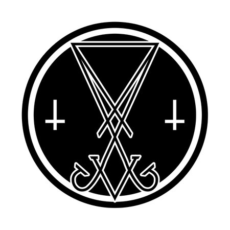 Sigil of Lucifer icon, sticker or t-shirt print design illustration in Gothic style. Sigil of Lucifer in circle, vector isolated on white background.のイラスト素材