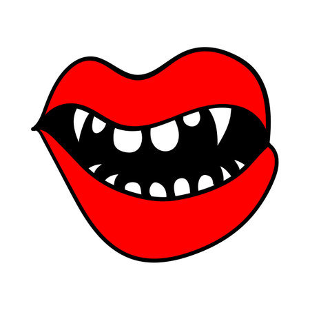 Vampire bite and kiss illustration. Red lips with vampire teeth. Vampire lips for Gothic design. comic style. Vector illustration isolated on white background.のイラスト素材