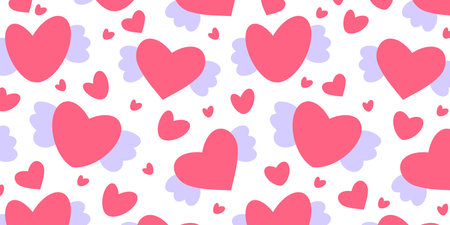 Cute hearts with wings background. Symbol of love, care and happiness. Paper decorations for...