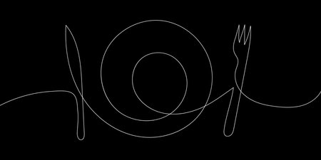 Knife, fork, plate. Top view one line continuous drawing illustration. hand drawn line art. Minimal design element for print, banner, card, brochure and poster. Vectorのイラスト素材