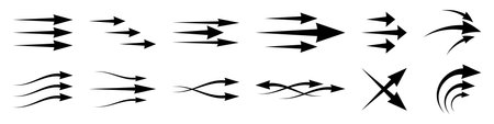 Set of different black arrows showing air flow. Vector icons for design and applications isolated on white background.のイラスト素材