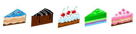 Cartoon slice of cake set. Various sweet cake pieces. Piece of cake in flat style. Cake for design,...