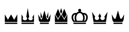 Set of different crowns black silhouette. Crown icon and logo for design or apps. Vector illustration isolated on white background.のイラスト素材