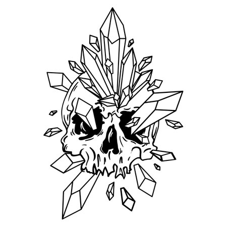 Skull overgrown with crystals, gemstones and jewels. Goth illustration for print and design. Vector isolated on background.のイラスト素材