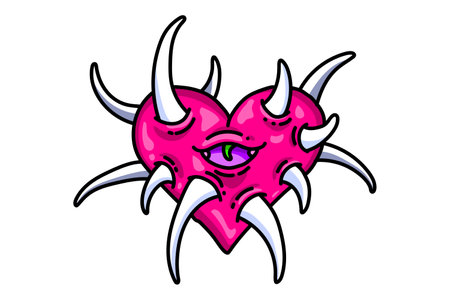 Monster heart with teeth. Spiky heart illustration. Horror heart for Halloween design. Vector isolated on white background.のイラスト素材