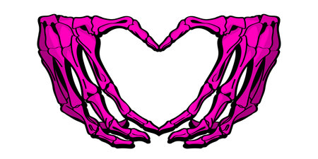 Skeleton hands howing heart shape. Bone hands goth style illustration. T-shirt print for Horror or Halloween. Hand drawing illustration isolated on white background. Vector EPS 10のイラスト素材