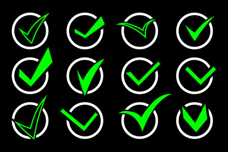 Check mark icon set. Circle tick approved modern symbol. Vector illustration isolated on black background.のイラスト素材